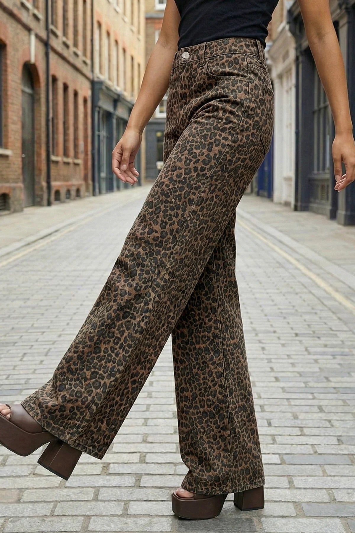Womens Leopard Print Wide Leg Jeans | CicyBell