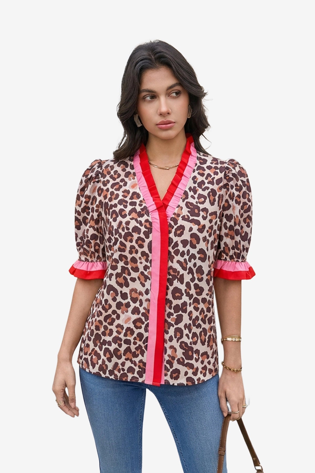 Womens Leopard Print Floral Puff Short Sleeve Tops  | CicyBell