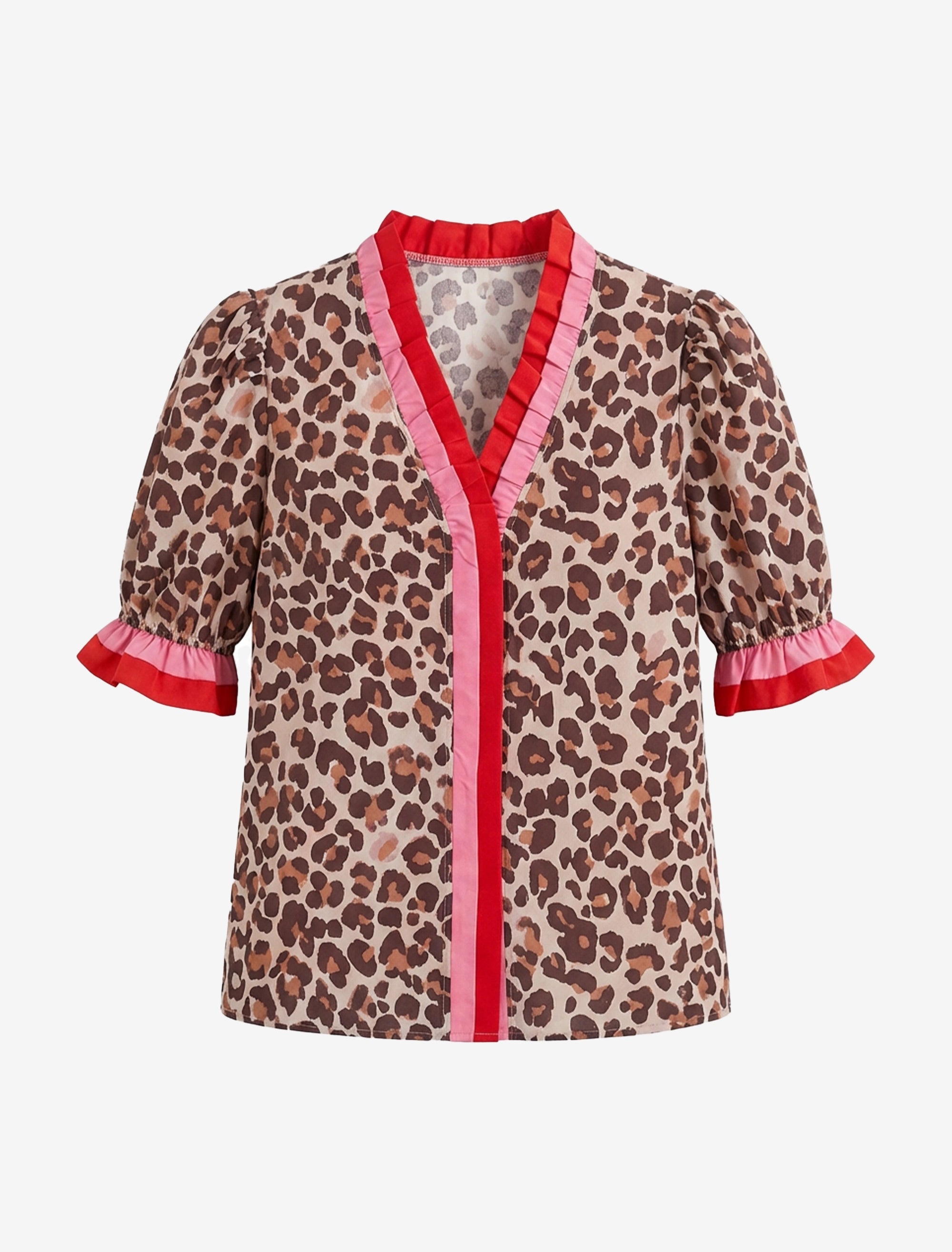 Womens Leopard Print Floral Puff Short Sleeve Tops  | CicyBell