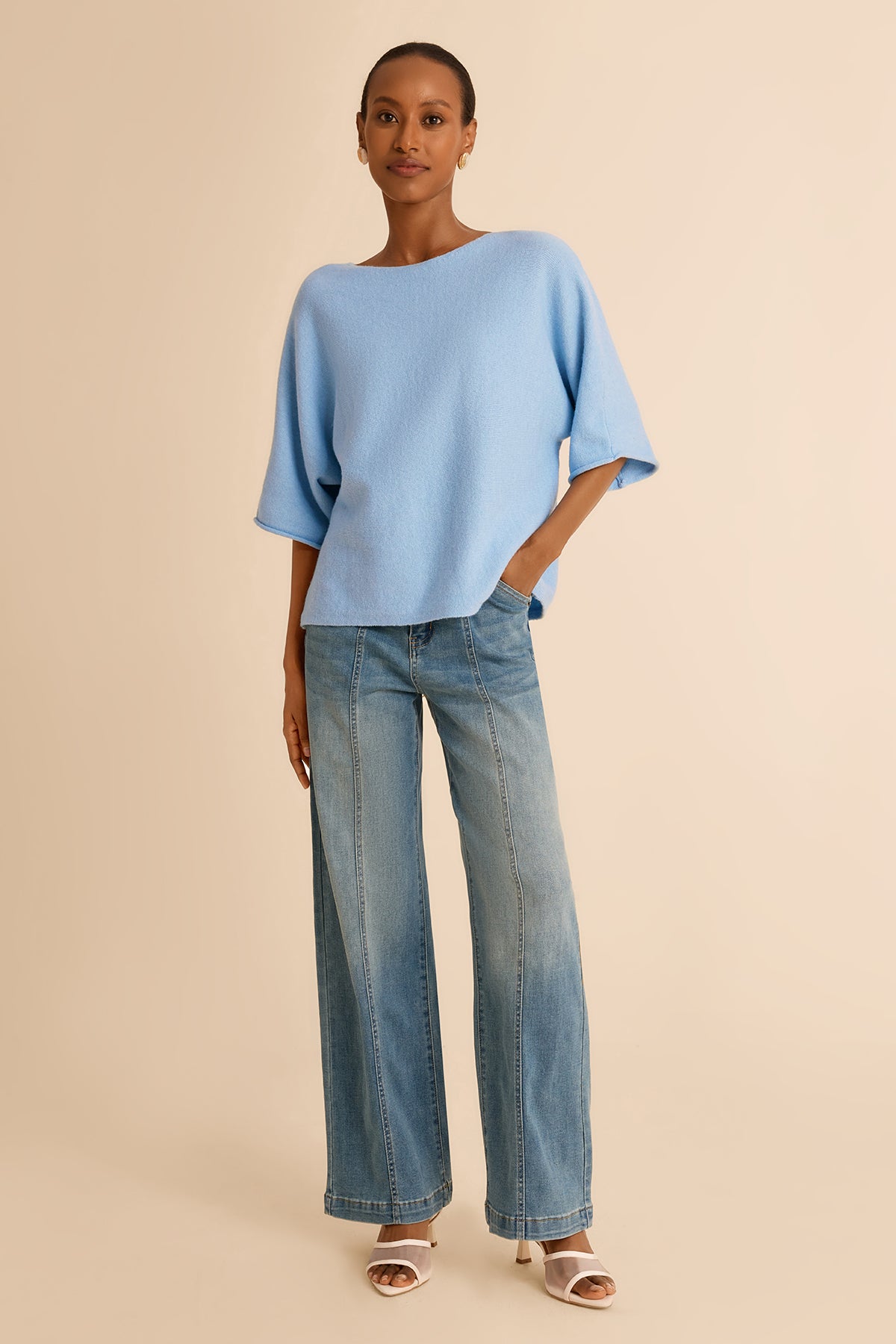 Womens Light Blue Half Sleeve Sweaters | CicyBell