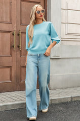 Cicy Bell Womens Light Blue 3/4 Puff Sleeve Sweater Tops