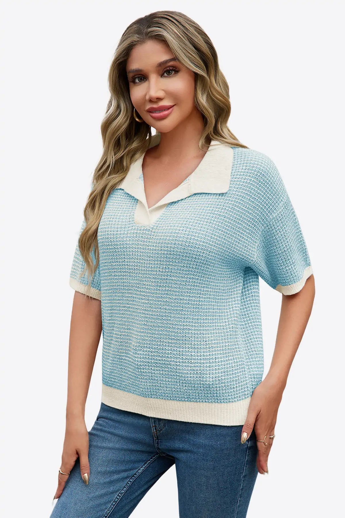 Cicy Bell Womens Light Blue Striped Cropped Sweaters Tops