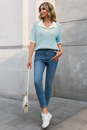 Cicy Bell Womens Light Blue Striped Cropped Sweaters Tops