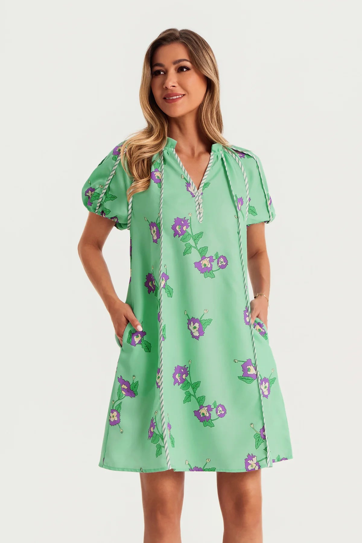 Womens Light Green Puff Sleeve Mini Dresses | CicyBell