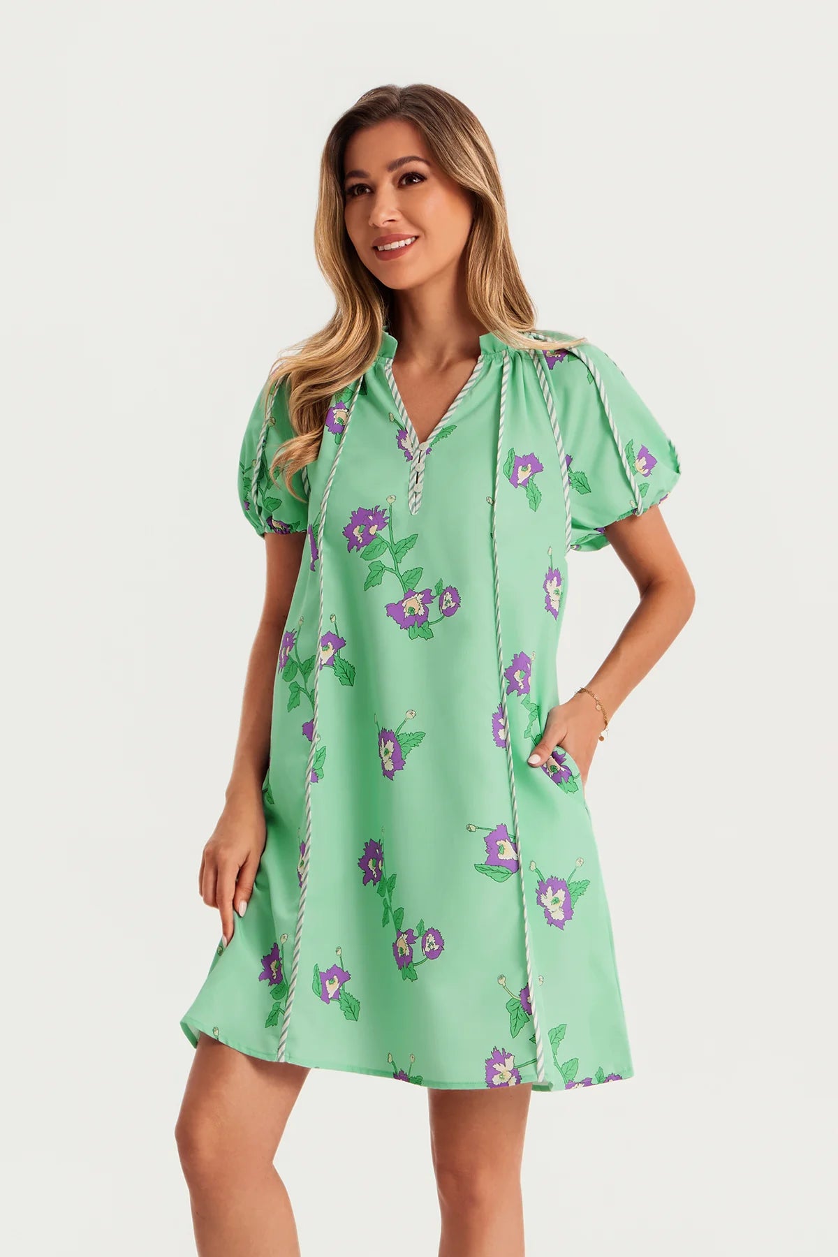 Womens Light Green Puff Sleeve Mini Dresses | CicyBell