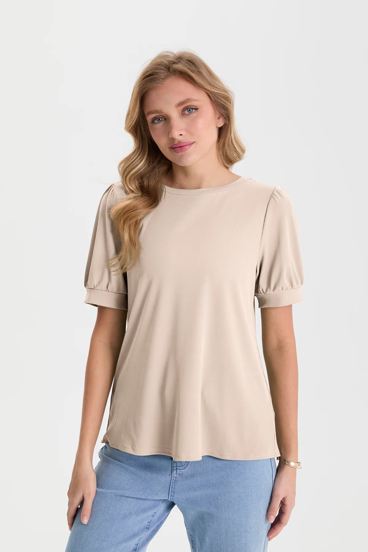 Womens Light Khaki Short Puff Sleeve Blouses | CicyBell