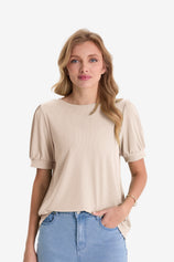 Womens Light Khaki Short Puff Sleeve Blouses | CicyBell