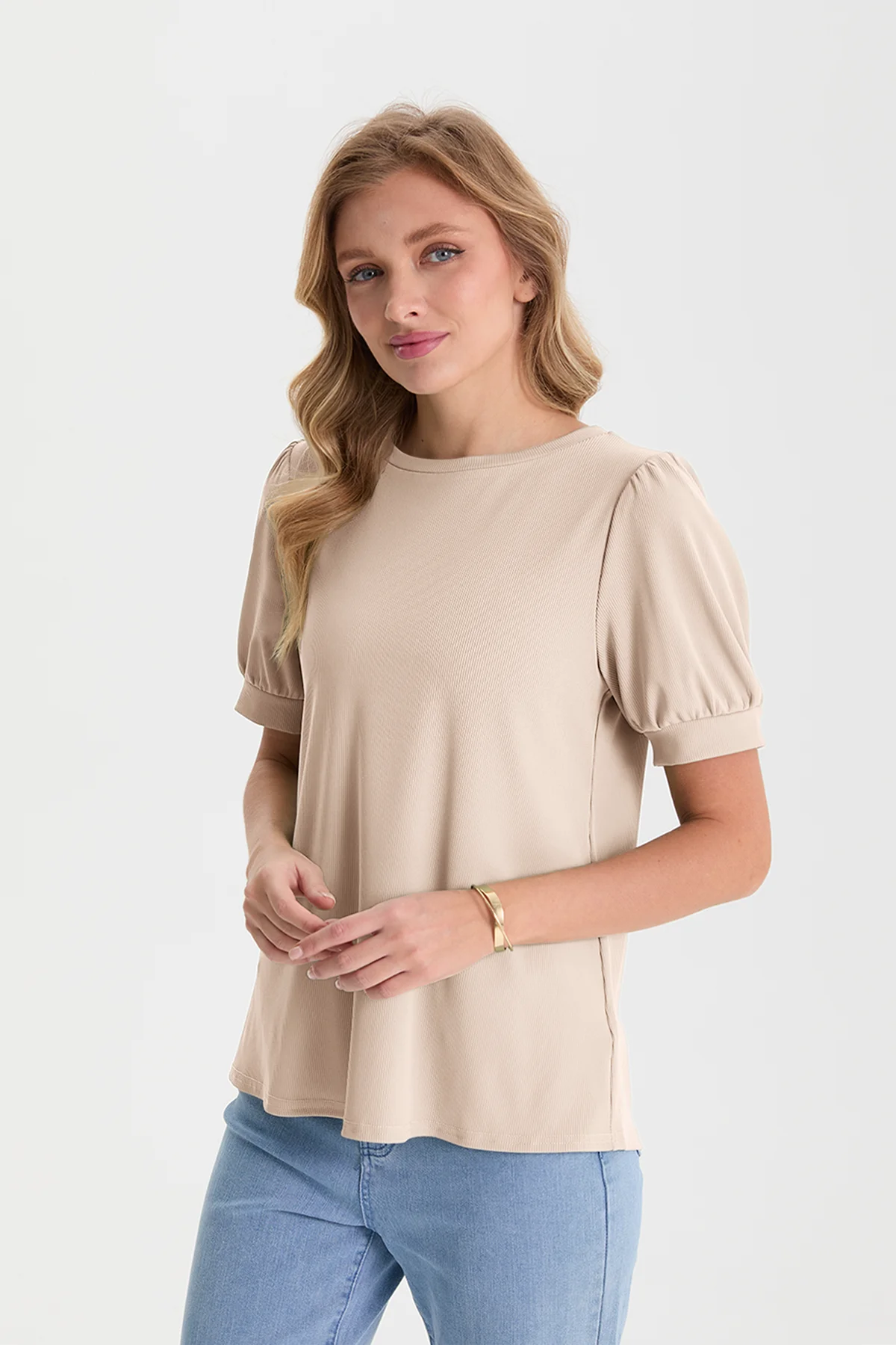 Womens Light Khaki Short Puff Sleeve Blouses | CicyBell