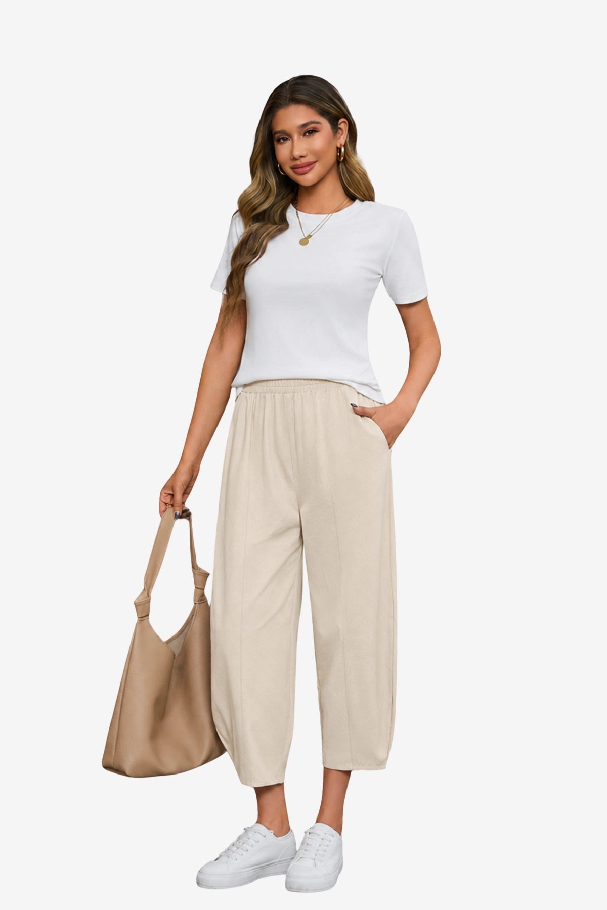 Breathable Light Khaki High Waisted Cotton Ankle Pants | CicyBell