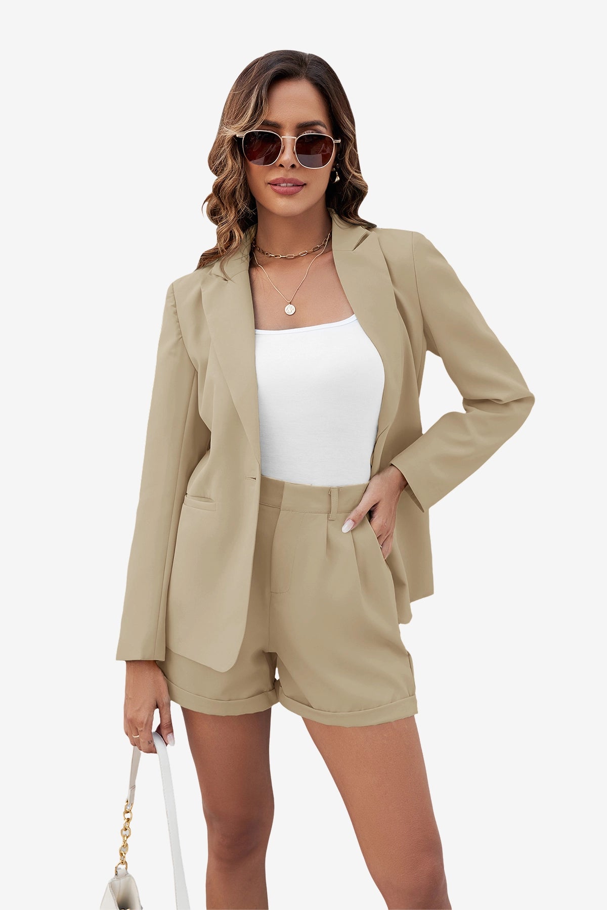 Womens Light Khaki Blazer Matching Shorts Sets | CicyBell