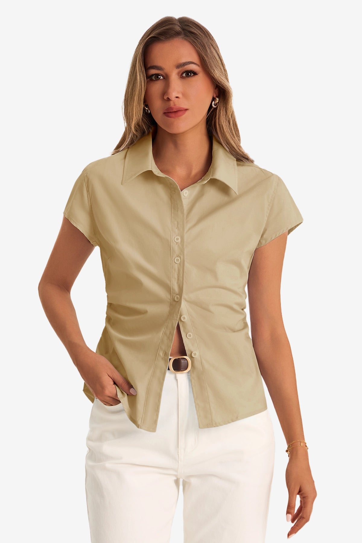 Womens Light Khaki Summer Button Down Shirts  | CicyBell