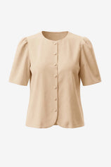 Womens Light Khaki Short Button Down Puff Sleeve | CicyBell