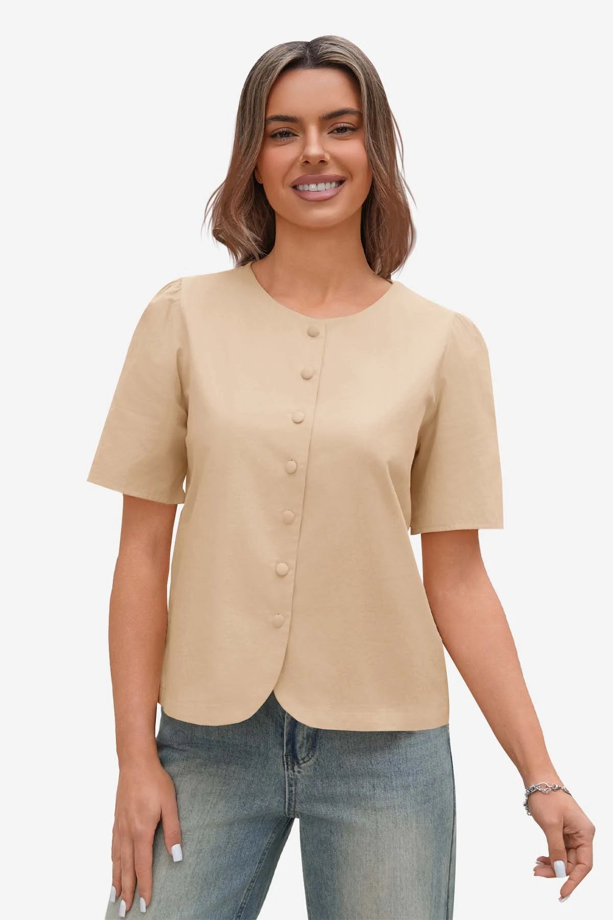 Womens Light Khaki Short Button Down Puff Sleeve | CicyBell