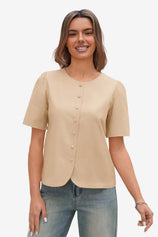 Womens Light Khaki Short Button Down Puff Sleeve | CicyBell
