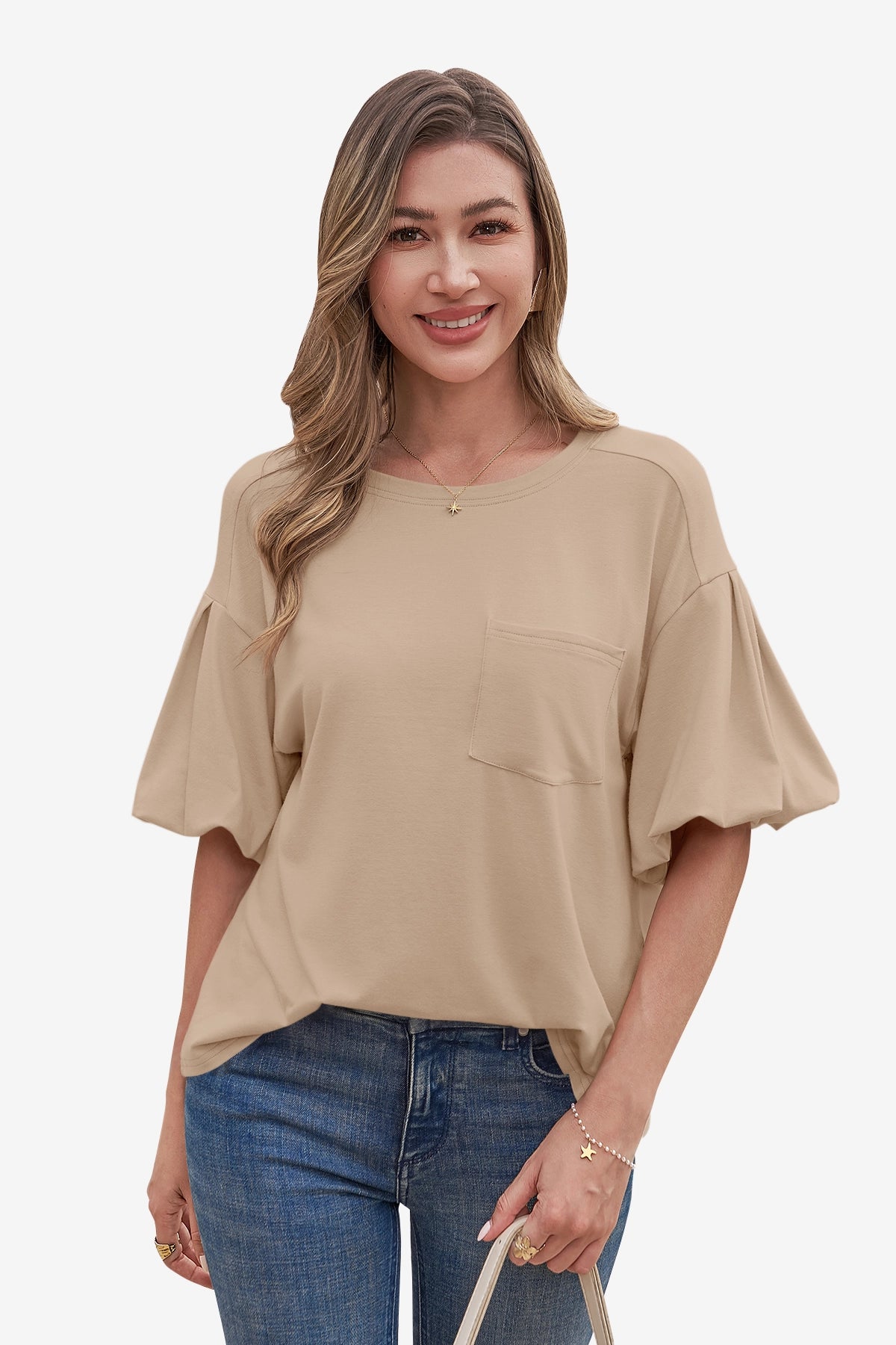 Womens Light Khaki Puff Short Sleeve T-Shirts| CicyBell