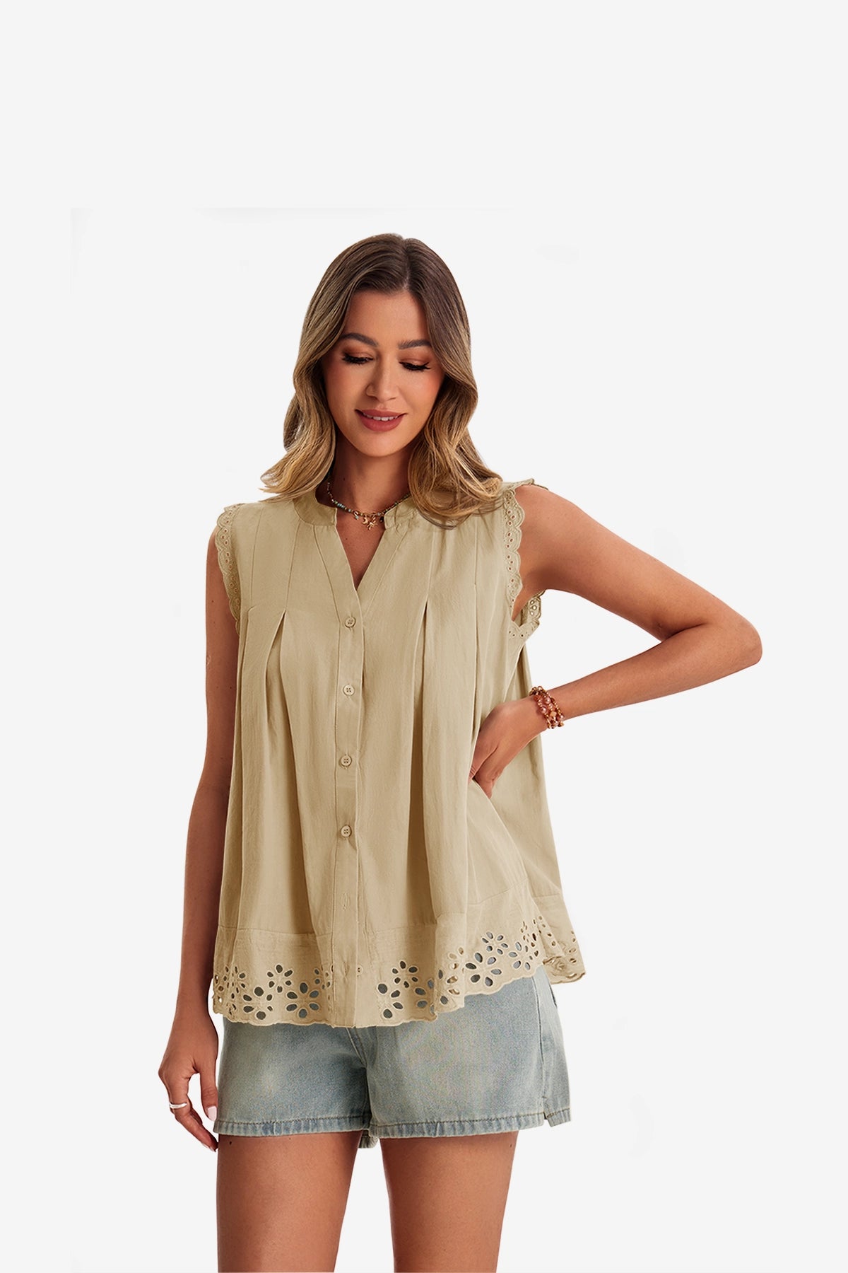 Womens Light Khaki Summer Eyelet Tank Tops | CicyBell