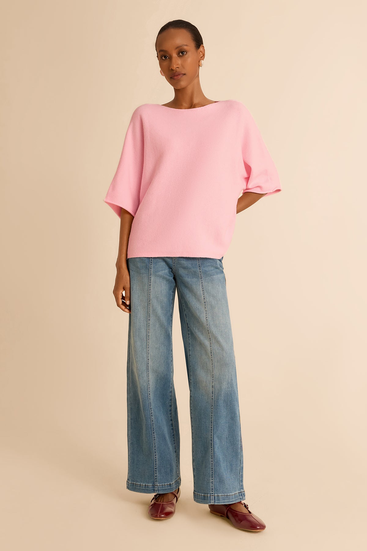 Womens Light Pink Half Sleeve Sweaters | CicyBell