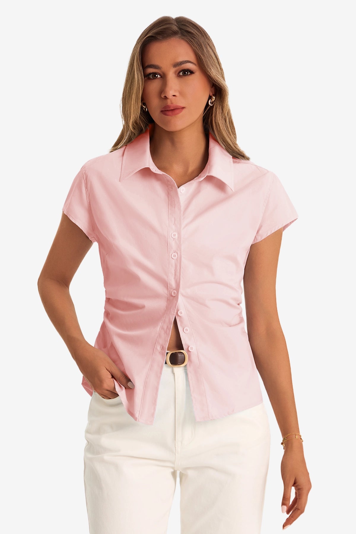 Womens Light Pink Summer Button Down Shirts  | CicyBell