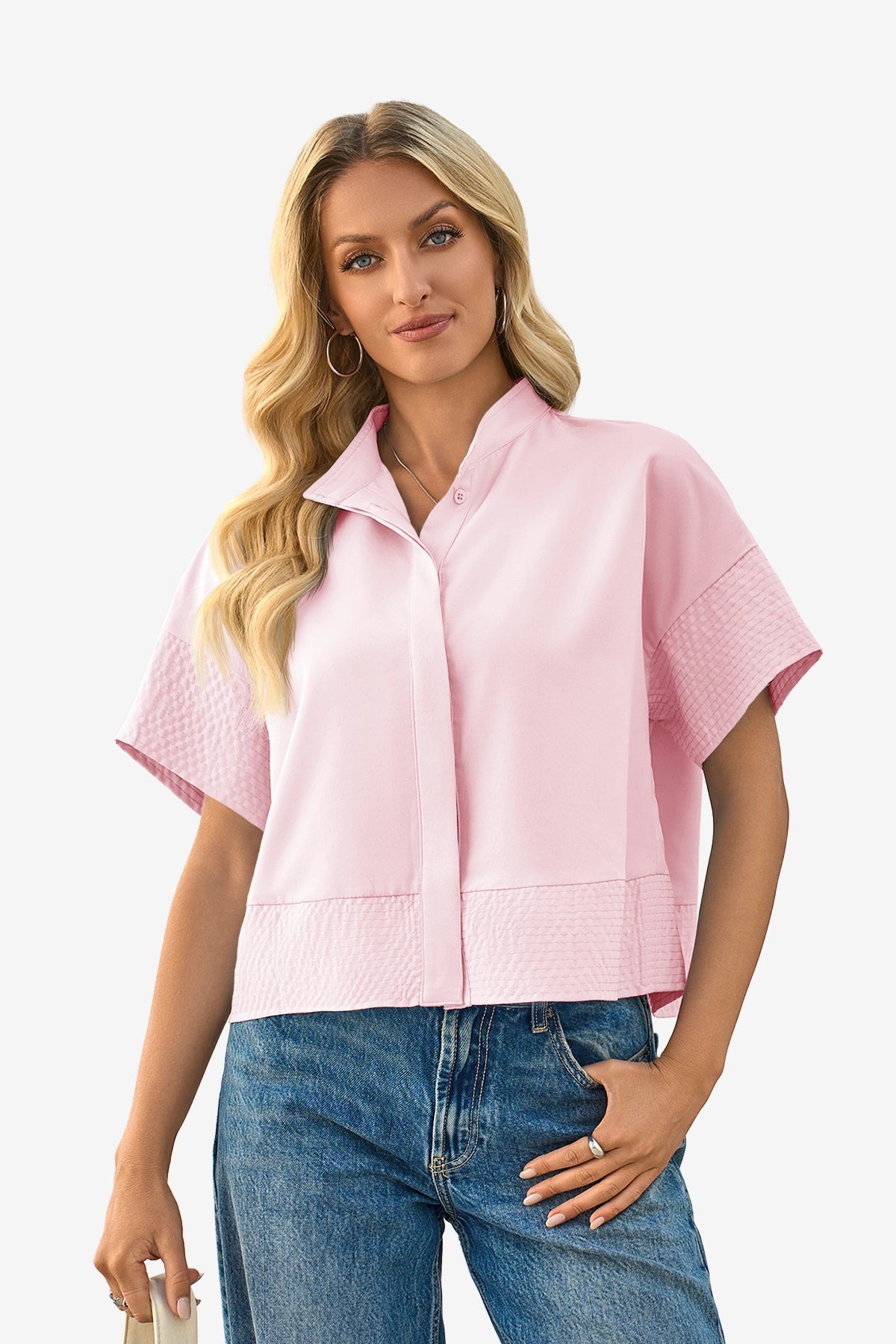 Womens Light Pink Cropped Short Sleeve Shirts| CicyBell