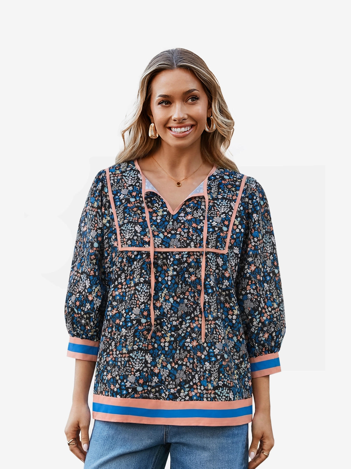 Womens Navy Floral Print Babydoll Blouse | CicyBell