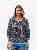 Womens Navy Floral Print Babydoll Blouse | CicyBell