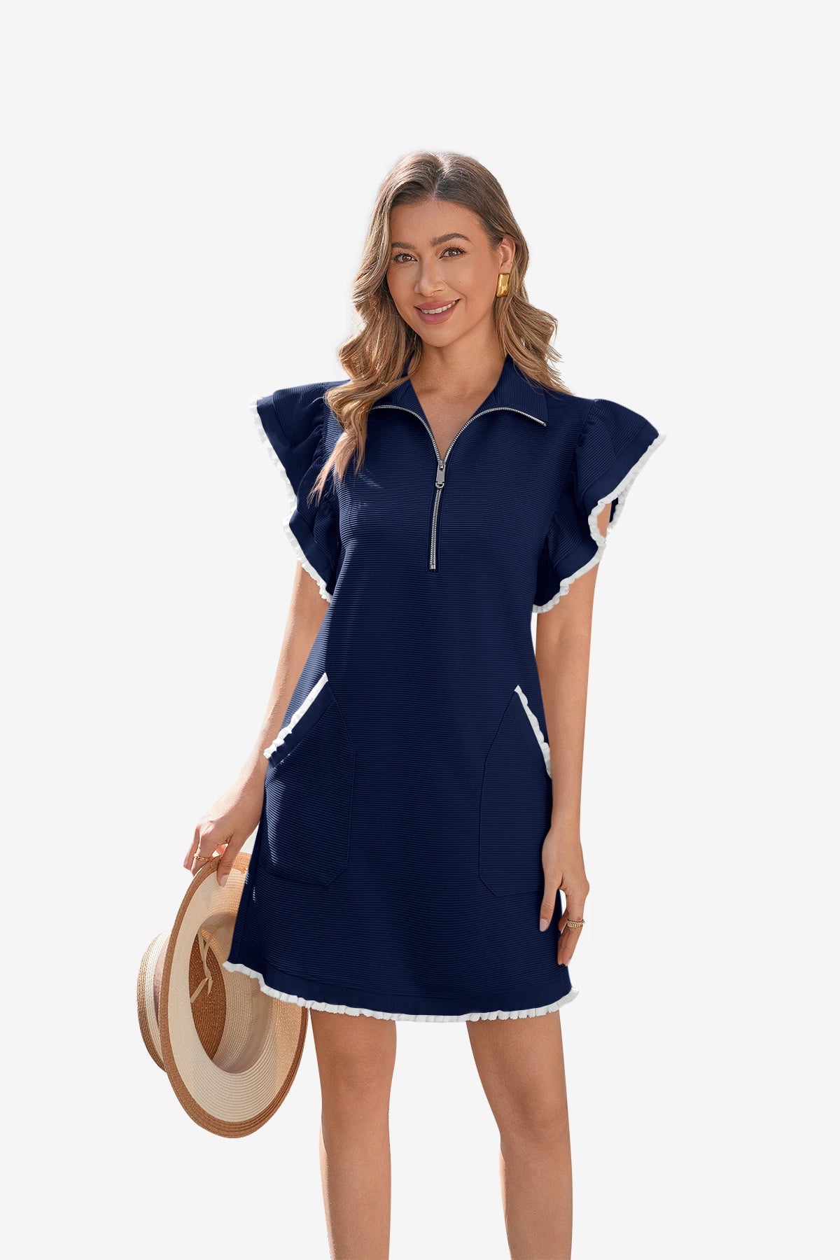 Womens Navy Ruffle Cap Sleeve Dress  | CicyBell