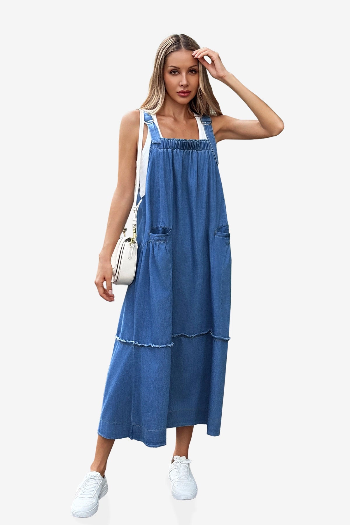 Womens Navy Denim Overall Dress | CicyBell