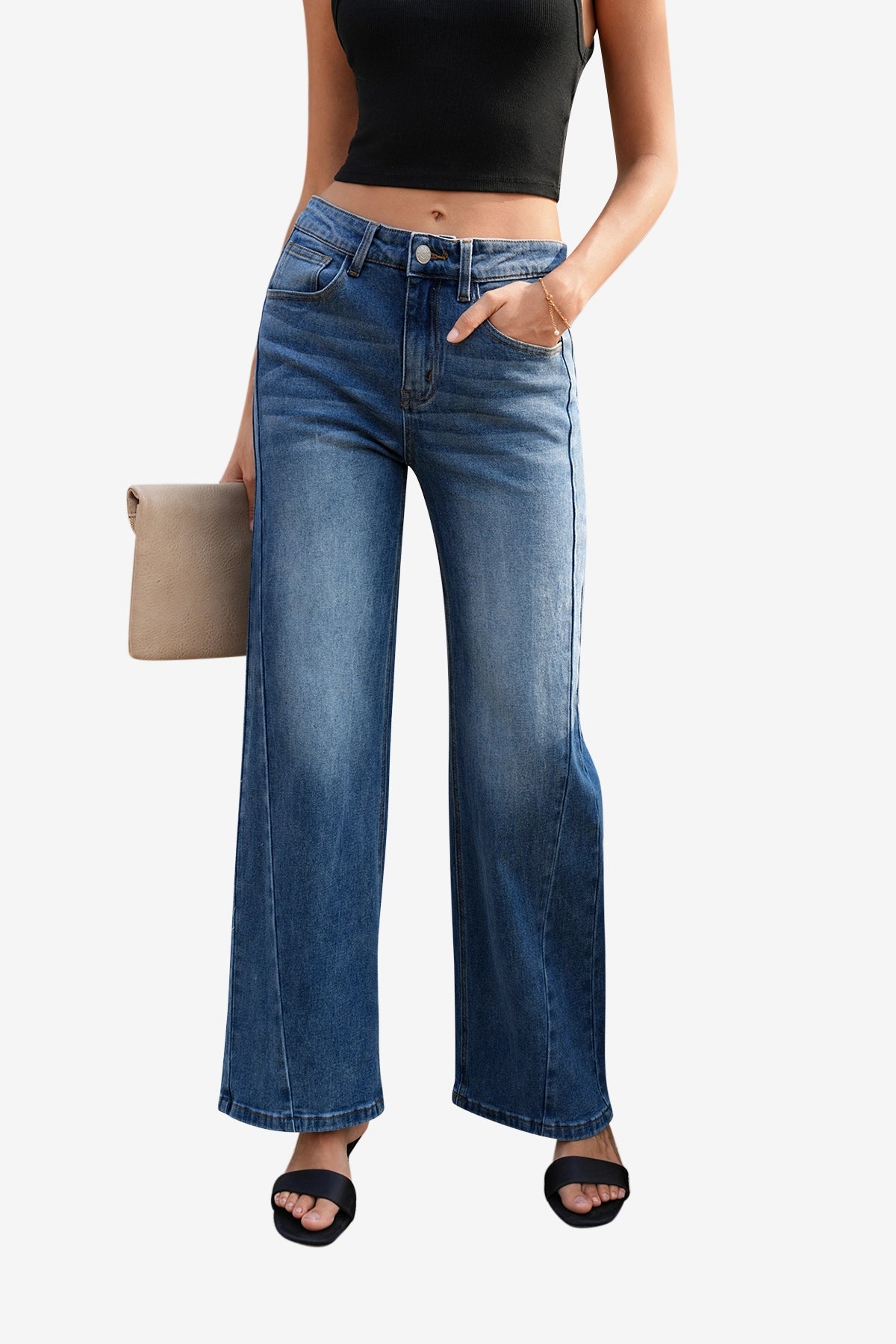 Womens Navy High Waisted Wide Leg Jeans | CicyBell