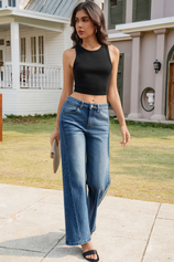 Womens Navy High Waisted Wide Leg Jeans | CicyBell