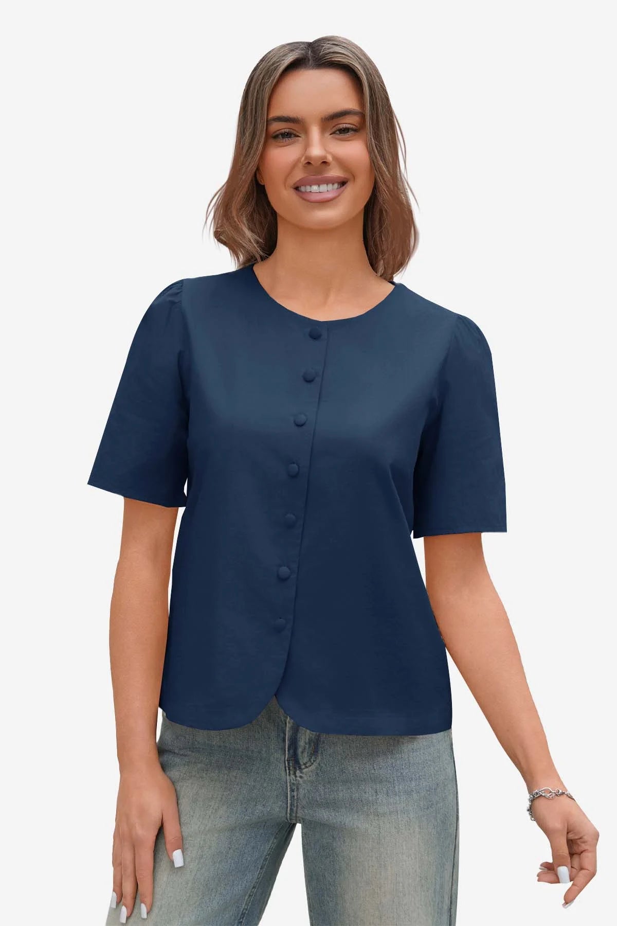 Womens Navy Short Button Down Puff Sleeve | CicyBell