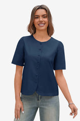 Womens Navy Short Button Down Puff Sleeve | CicyBell