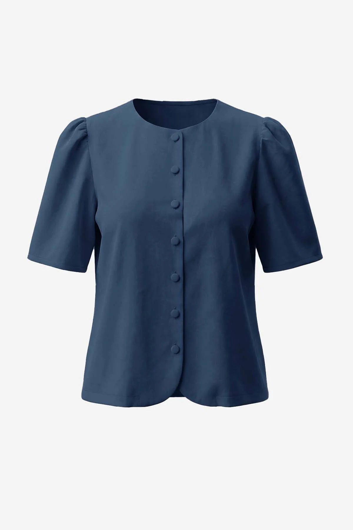 Womens Navy Short Button Down Puff Sleeve | CicyBell