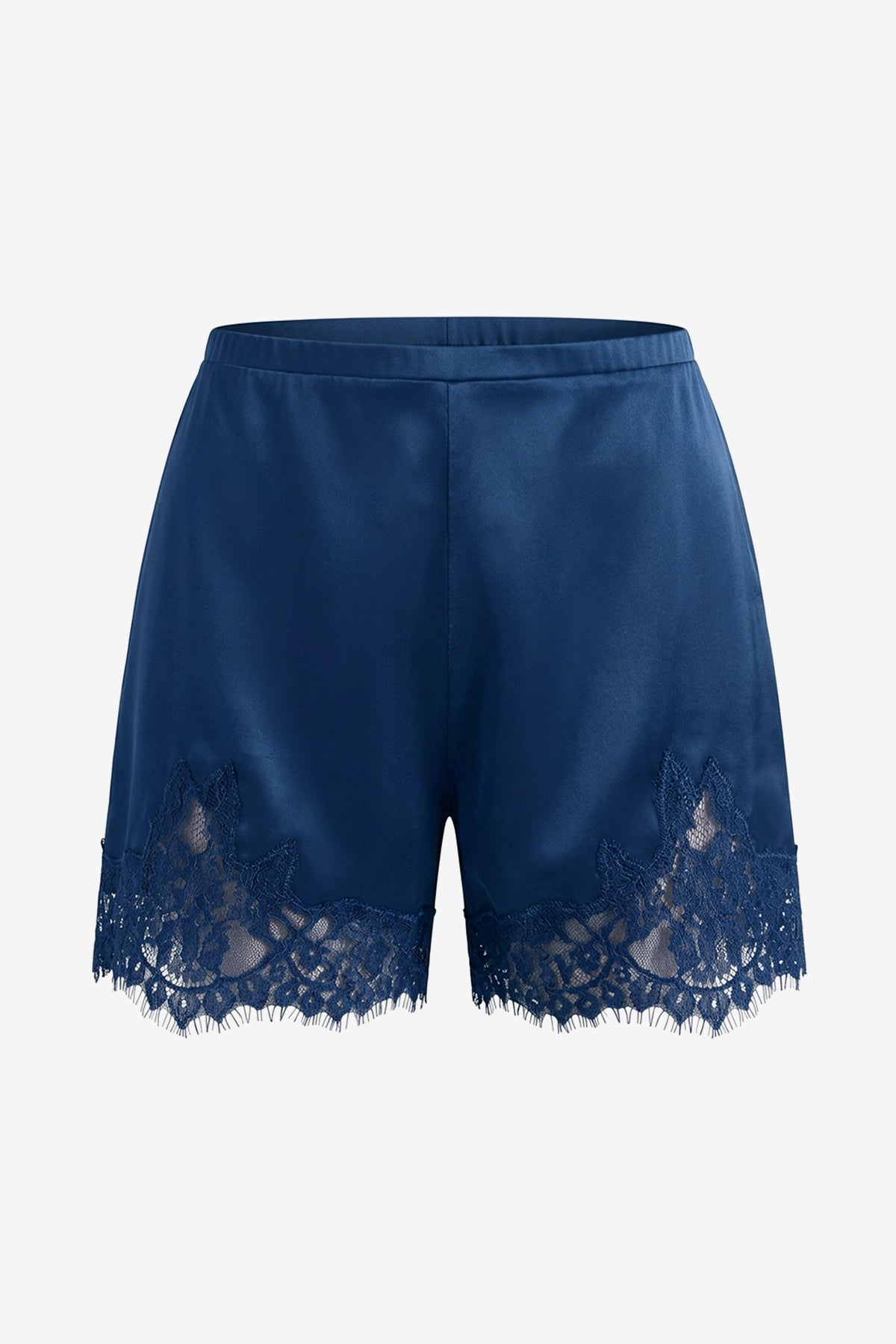 Womens Navy Satin Silk Lace Shorts | CicyBell
