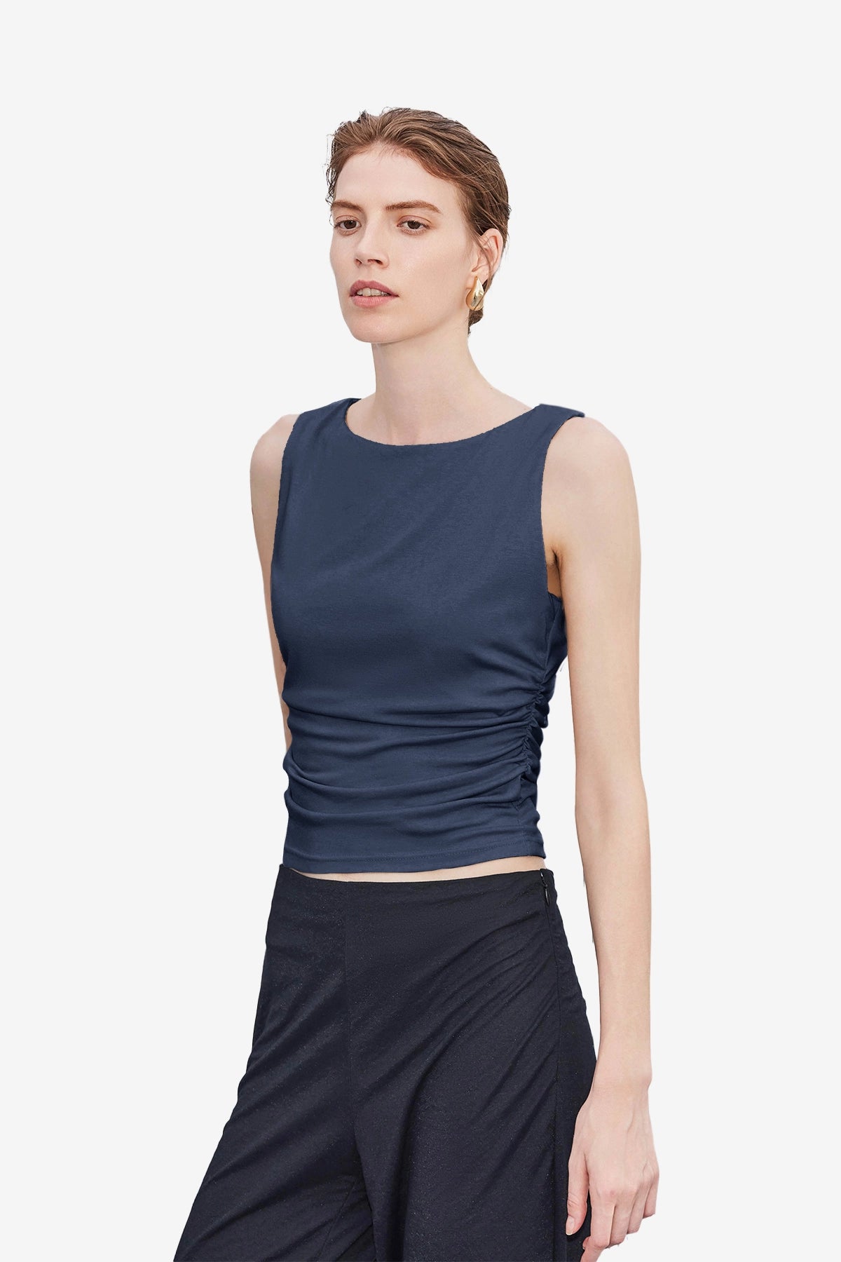 Wrinkle-Free Navy Ruched Tank Tailored Stretch | CicyBell