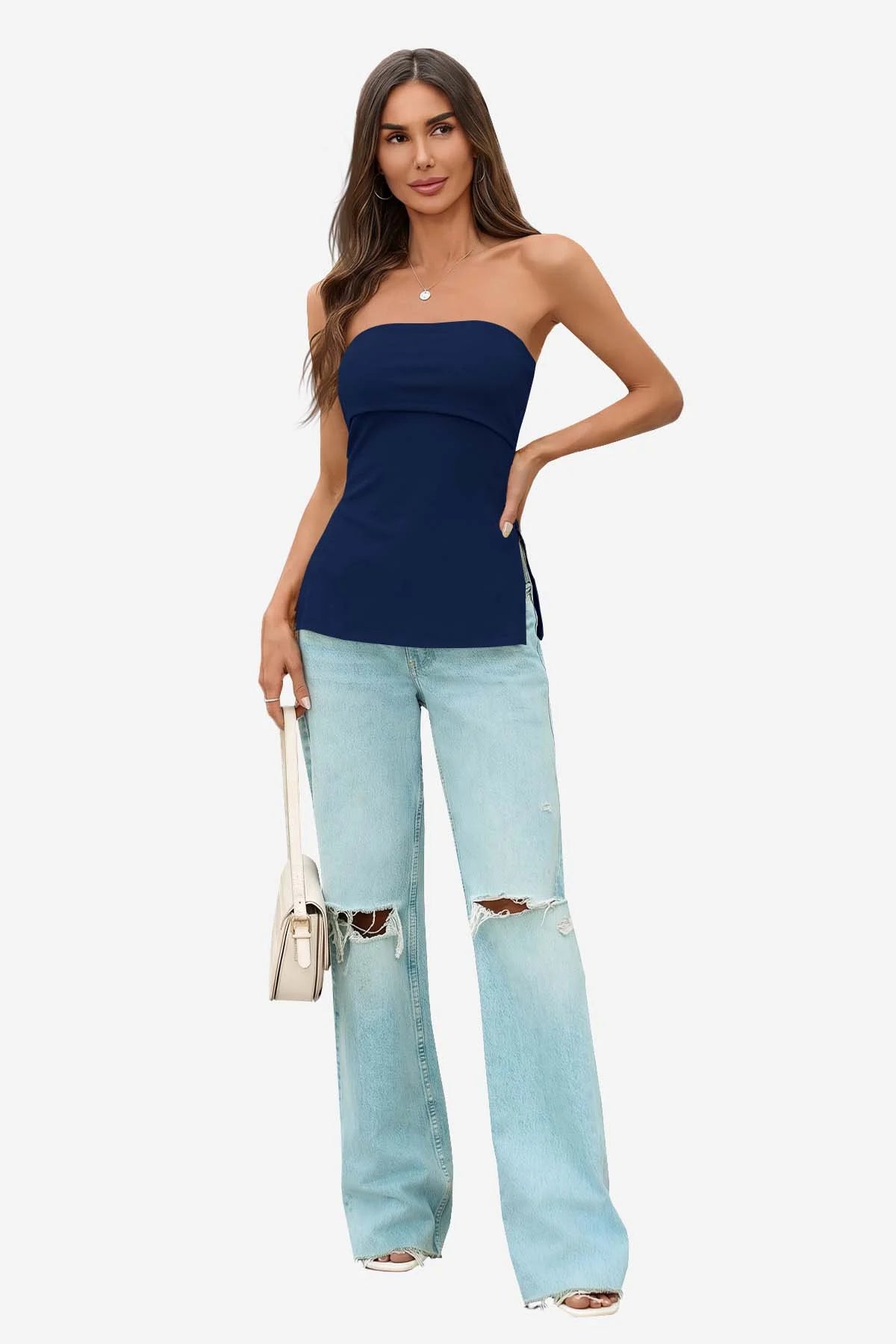 Womens Navy Strapless Tube Y2K Tops | CicyBell