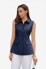 Womens Navy Tops Button Down Suit Vest | CicyBell