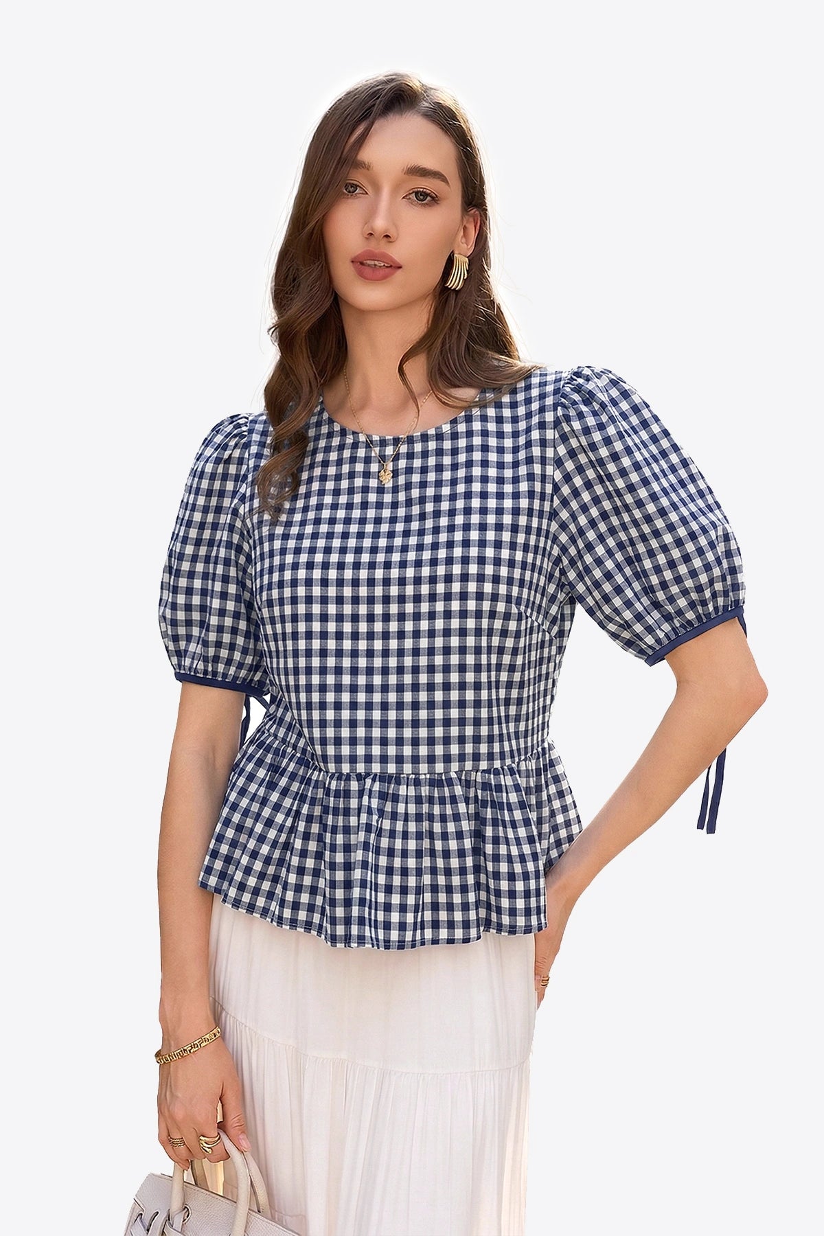 Womens Navy Blue Puff Sleeve Gingham Blouse | CicyBell