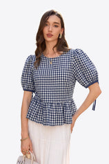 Womens Navy Blue Puff Sleeve Gingham Blouse | CicyBell
