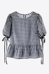 Womens Navy Blue Puff Sleeve Gingham Blouse | CicyBell