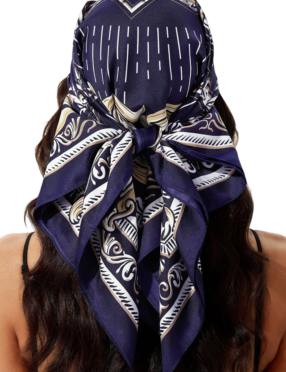 Cicy Bell Women's Navy and White Silk-Like Scarf, 27.5 inch square. Features an artistic monochrome floral print with high-contrast borders. A versatile 70x70cm premium polyester head wrap and neck tie.