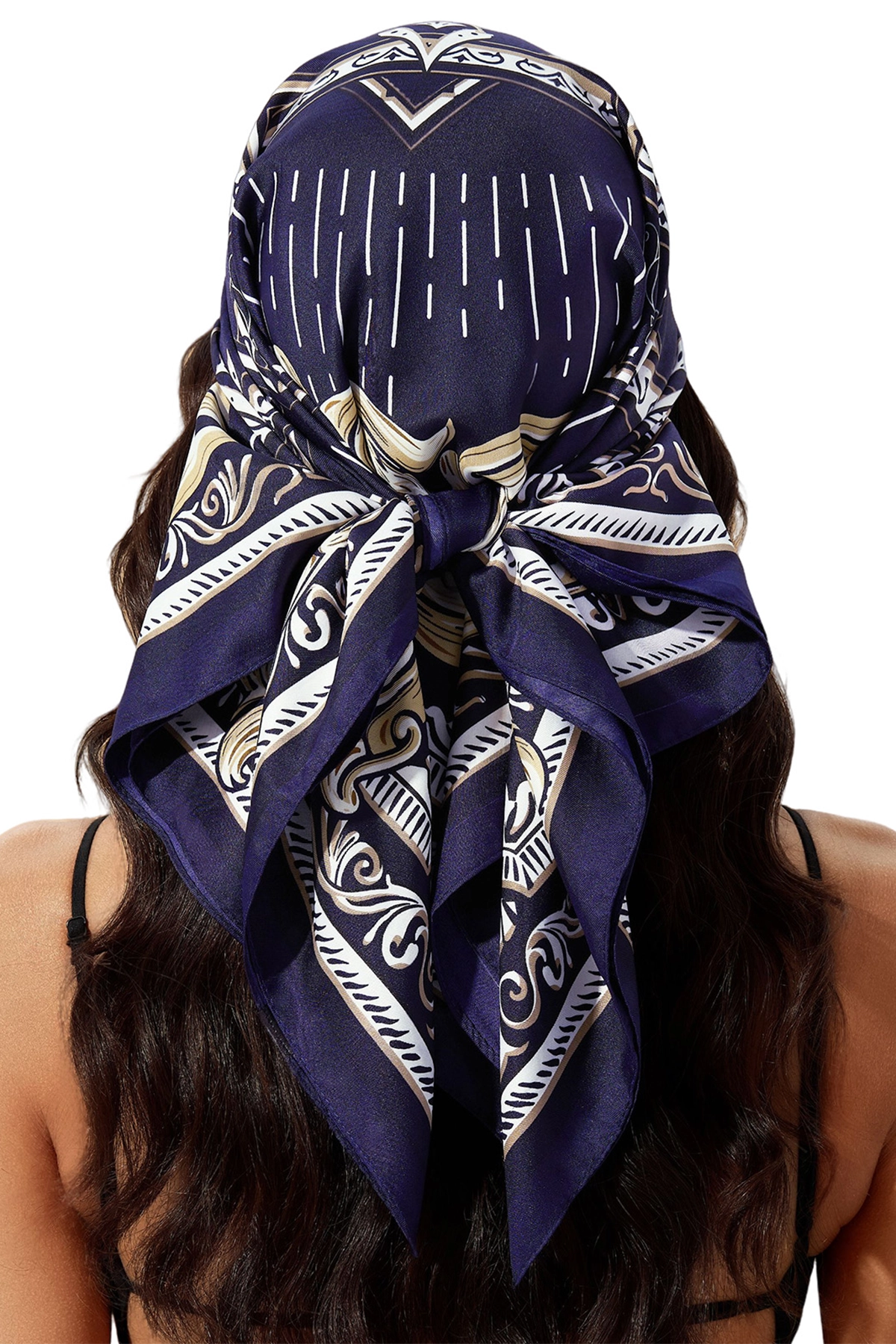 Cicy Bell Women's Navy and White Silk-Like Scarf, 27.5 inch square. Features an artistic monochrome floral print with high-contrast borders. A versatile 70x70cm premium polyester head wrap and neck tie.