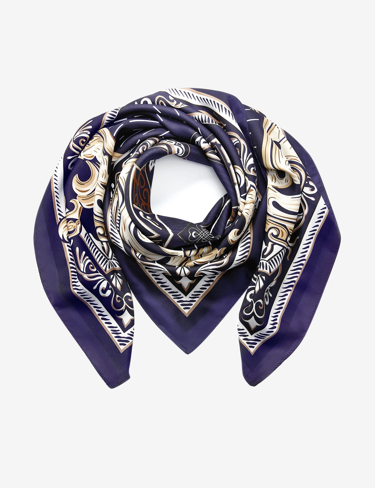 Cicy Bell Women's Navy and White Silk-Like Scarf, 27.5 inch square. Features an artistic monochrome floral print with high-contrast borders. A versatile 70x70cm premium polyester head wrap and neck tie.