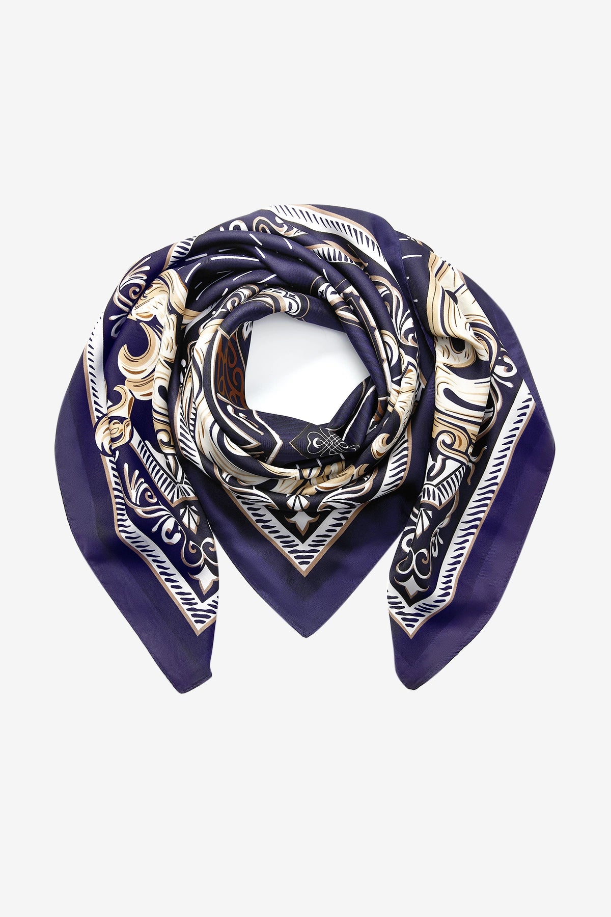 Cicy Bell Women's Navy and White Silk-Like Scarf, 27.5 inch square. Features an artistic monochrome floral print with high-contrast borders. A versatile 70x70cm premium polyester head wrap and neck tie.