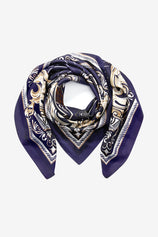 Cicy Bell Women's Navy and White Silk-Like Scarf, 27.5 inch square. Features an artistic monochrome floral print with high-contrast borders. A versatile 70x70cm premium polyester head wrap and neck tie.