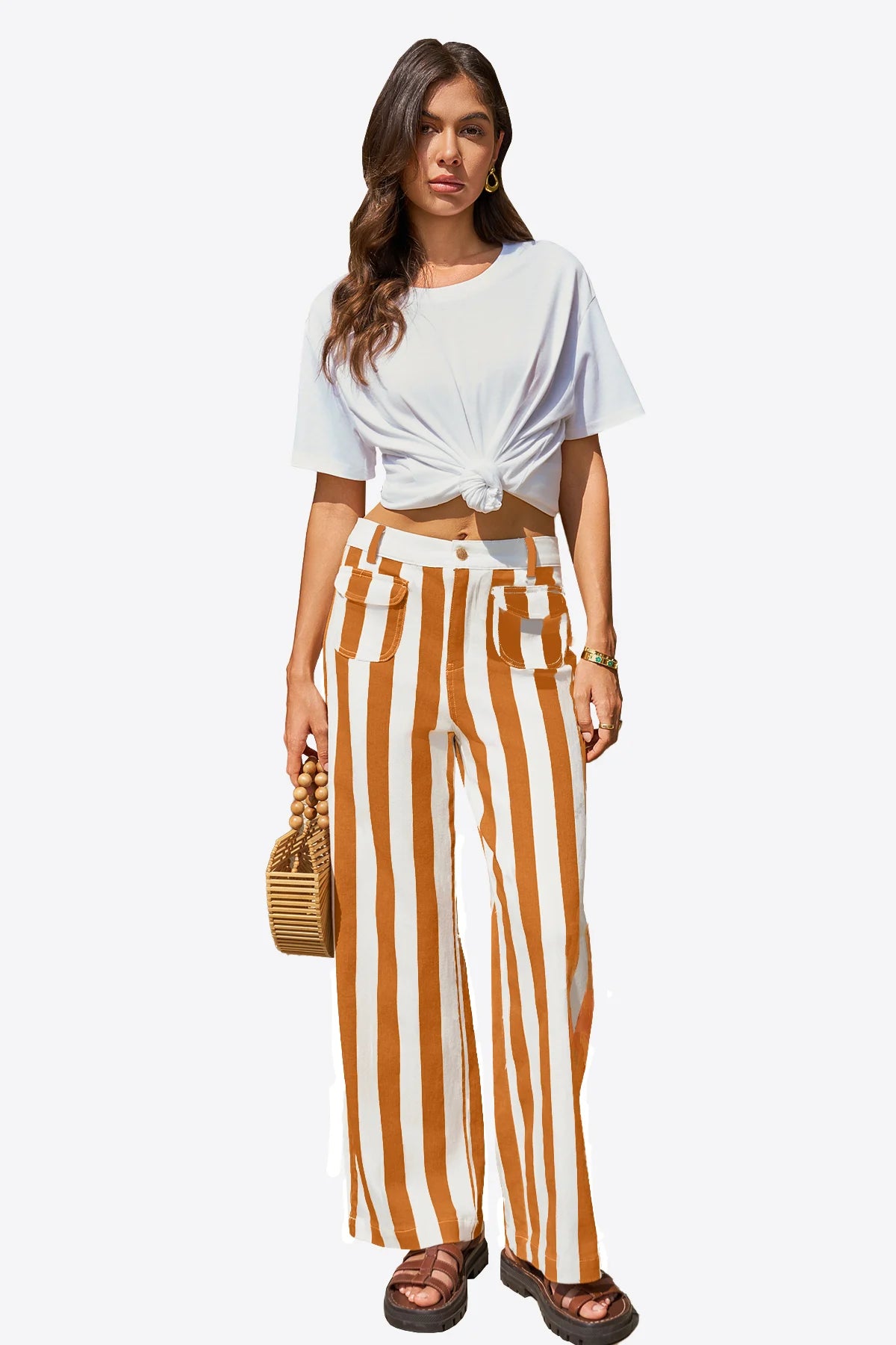 Womens Orange Striped Wide Leg Jeans | CicyBell