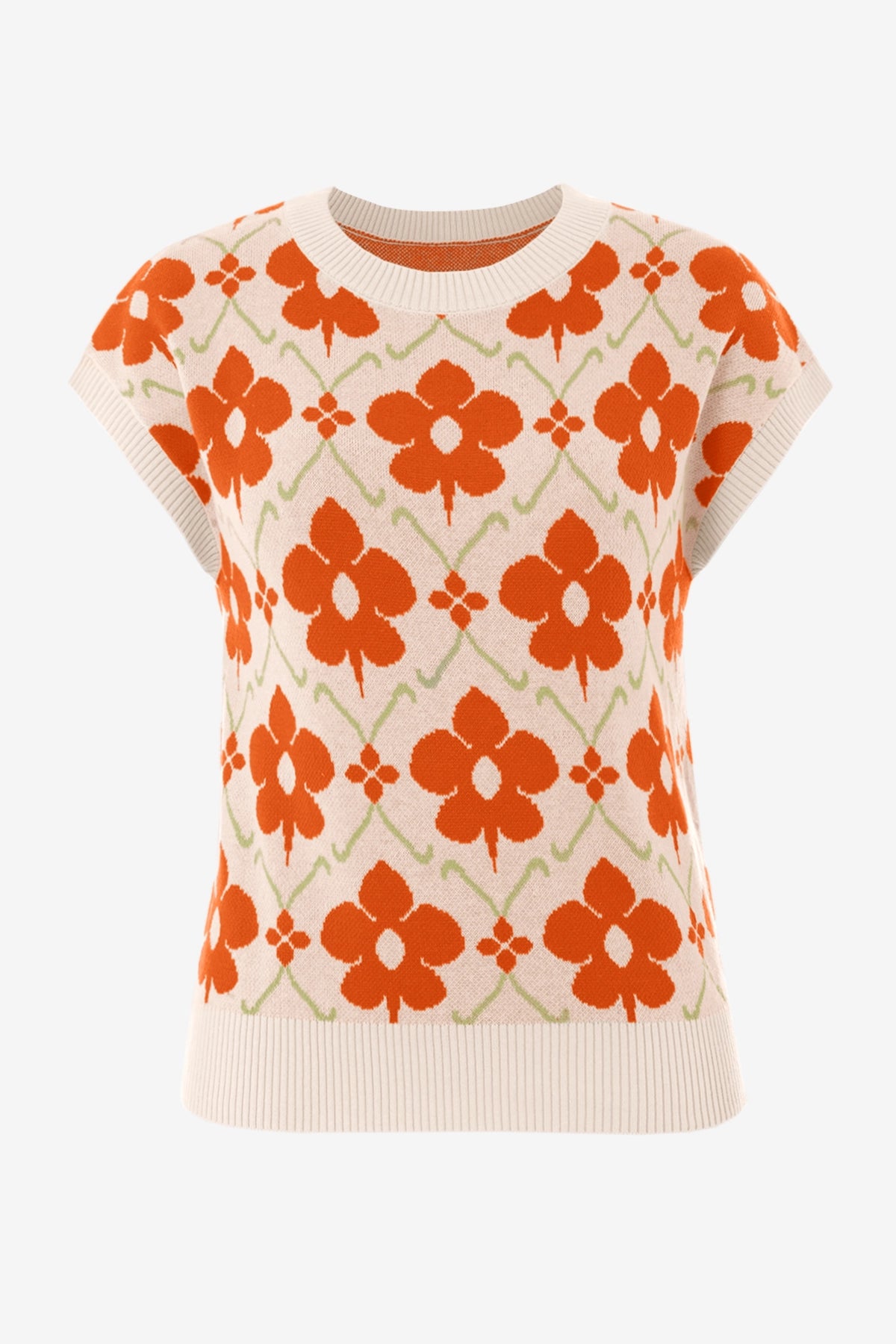 Womens Orange Floral Cap Sleeve Sweater Tops | CicyBell