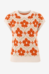 Womens Orange Floral Cap Sleeve Sweater Tops | CicyBell