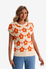 Womens Orange Floral Cap Sleeve Sweater Tops | CicyBell