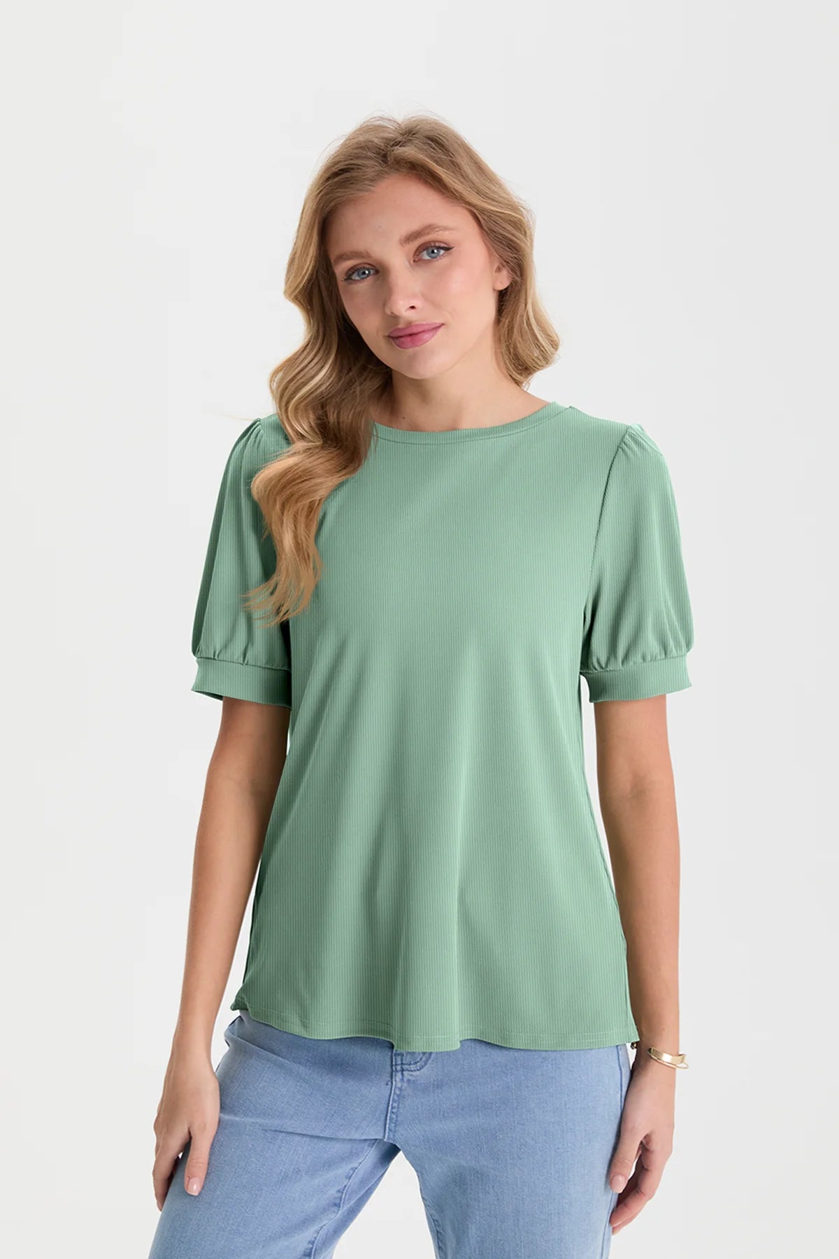 Womens Pea Green Short Puff Sleeve Blouses | CicyBell
