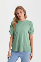 Womens Pea Green Short Puff Sleeve Blouses | CicyBell